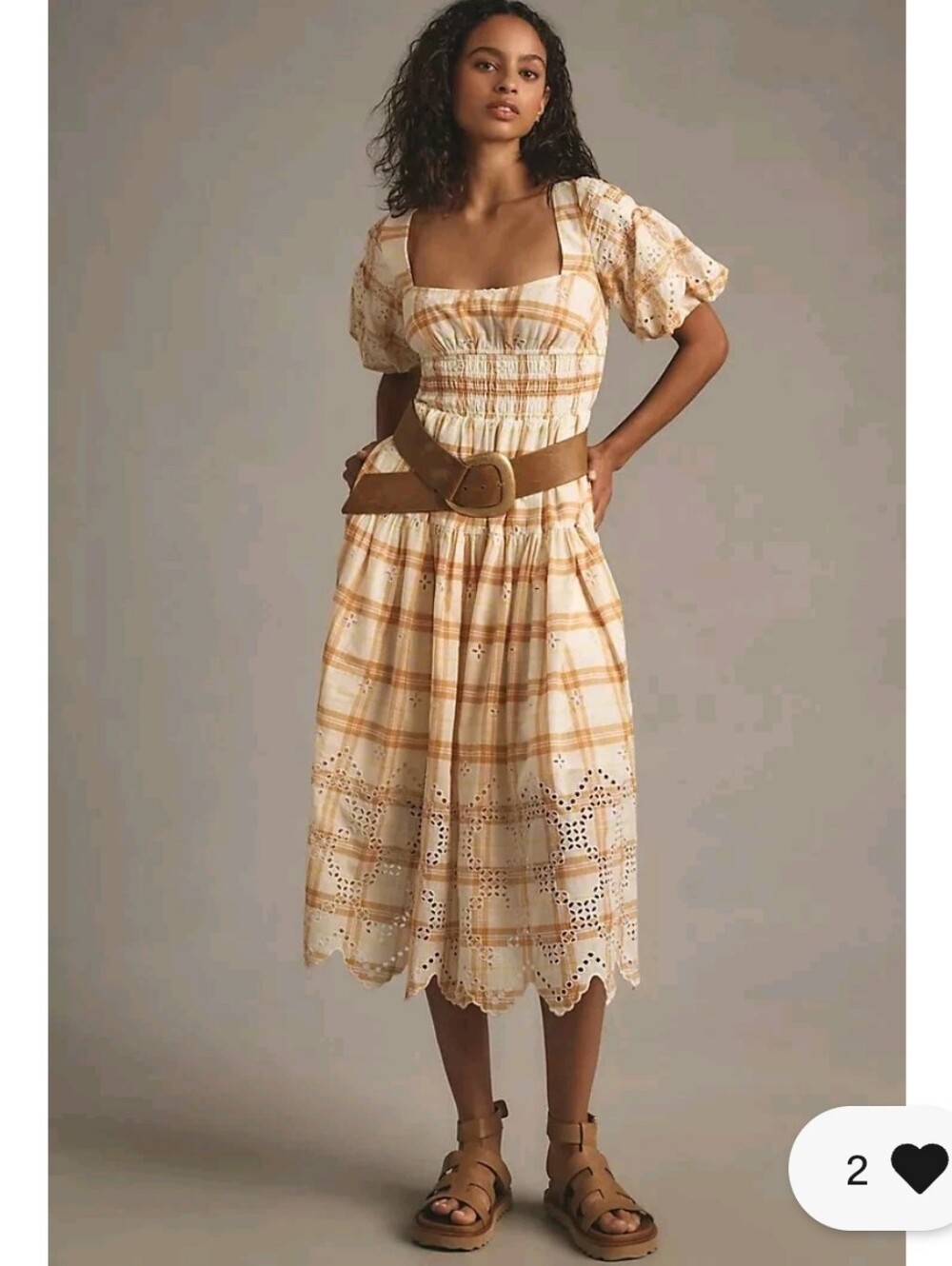 Anthropologie Puffed Sleeve Eyelet Yellow Checked DRESS